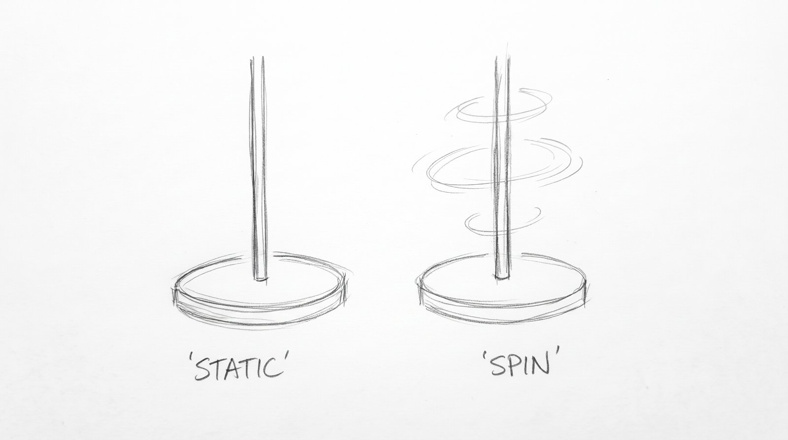 Croquis : barre static à gauche, barre spin à droite, vues depuis le public